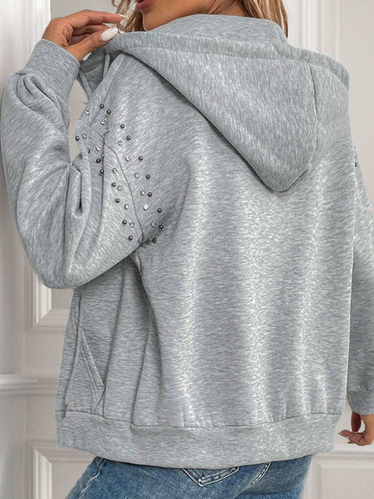 Perfee Rhinestone Zip Up Long Sleeve Hoodie - Trendsi - Flyclothing LLC