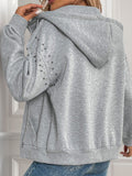 Perfee Rhinestone Zip Up Long Sleeve Hoodie - Trendsi