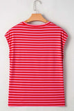 Stripe Ribbed Cap Sleeve Round Neck T Shirt - Trendsi - Flyclothing LLC