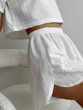 Eyelet Round Neck Top and Shorts Set - Trendsi