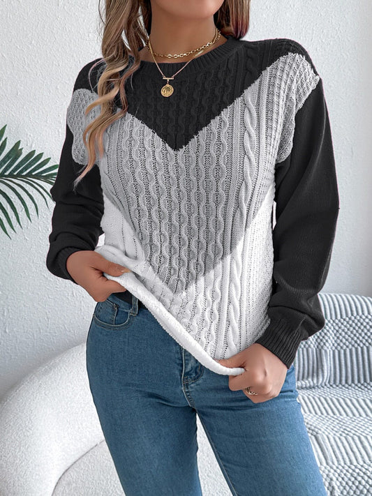 Contrast Round Neck Long Sleeve Sweater - Trendsi
