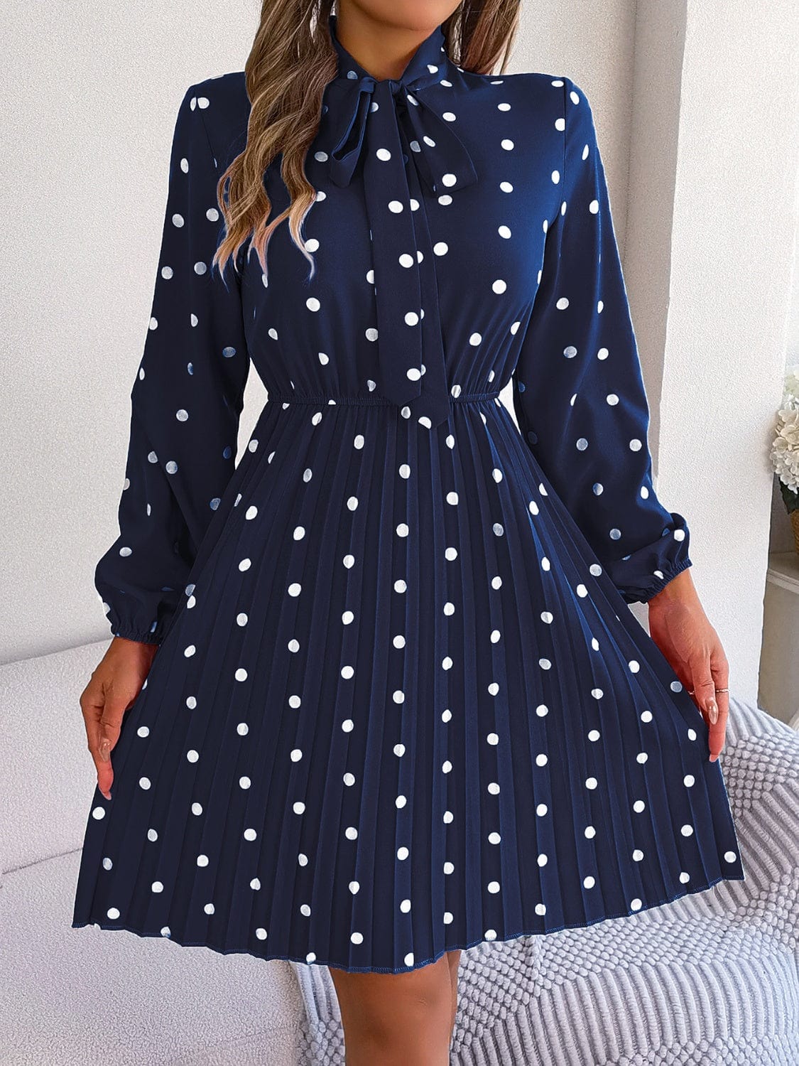 Polka Dot Tie Neck Pleated Dress - Trendsi