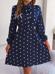 Polka Dot Tie Neck Pleated Dress - Trendsi