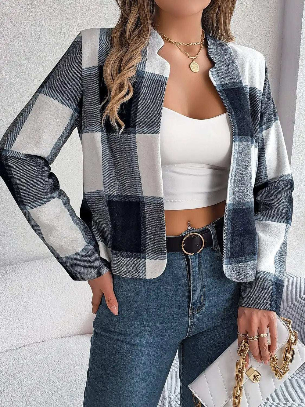 Plaid Open Front Long Sleeve Jacket - Trendsi - Flyclothing LLC