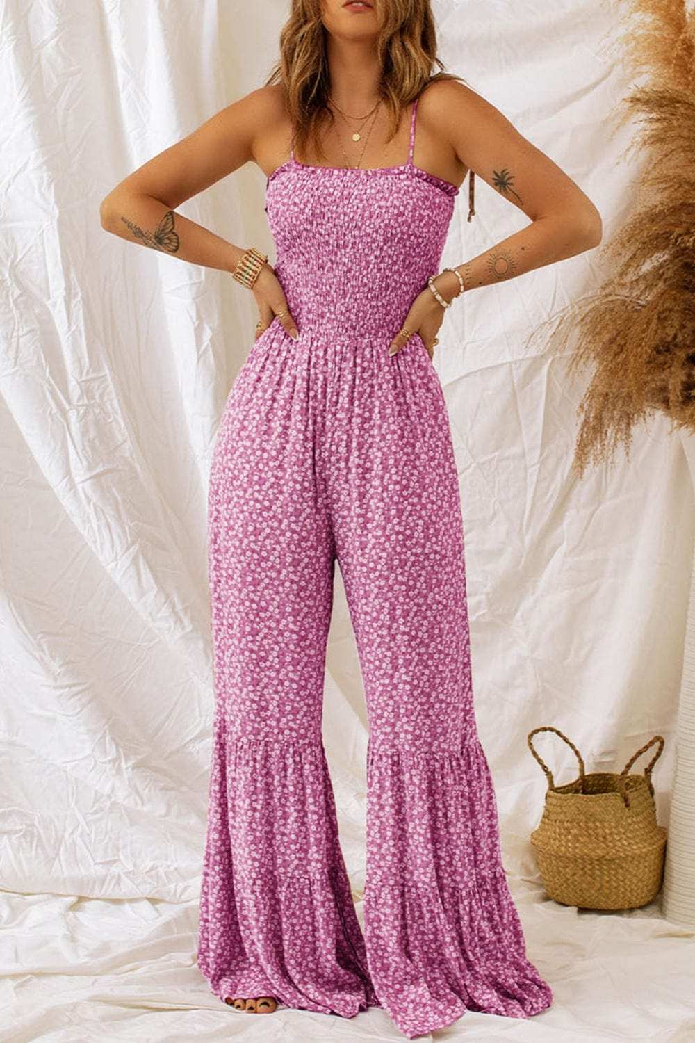 Smocked Printed Wide Strap Jumpsuit - Trendsi - Flyclothing LLC
