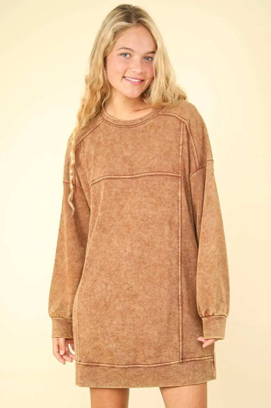 VERY J Mineral Washed Oversized Sweatshirt Mini Dress - Trendsi - Flyclothing LLC