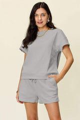 Double Take Full Size Texture Short Sleeve T-Shirt and Drawstring Shorts Set - Trendsi - Flyclothing LLC