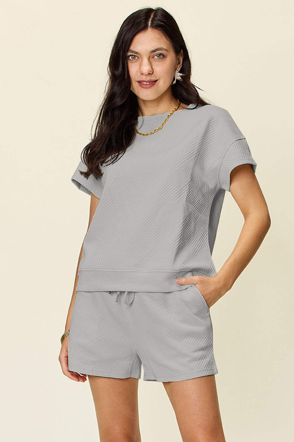 Double Take Full Size Texture Short Sleeve T-Shirt and Drawstring Shorts Set - Trendsi - Flyclothing LLC