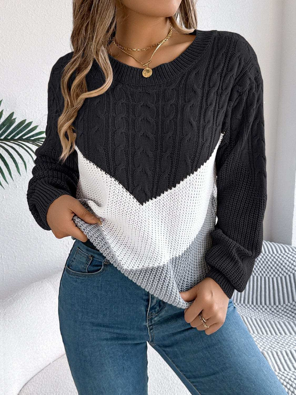 Cable-Knit Color Block Round Neck Sweater - Trendsi - Flyclothing LLC