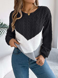 Cable-Knit Color Block Round Neck Sweater - Trendsi - Flyclothing LLC