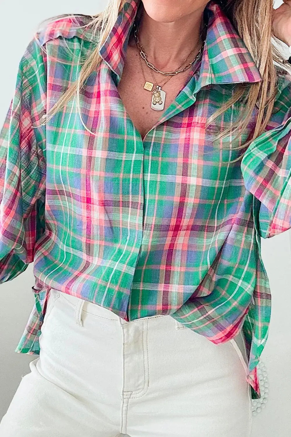 Plaid Collared Neck Three-Quarter Sleeve Shirt - Trendsi - Flyclothing LLC