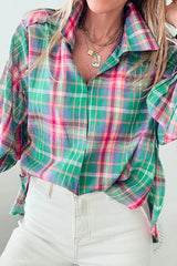 Plaid Collared Neck Three-Quarter Sleeve Shirt - Trendsi - Flyclothing LLC