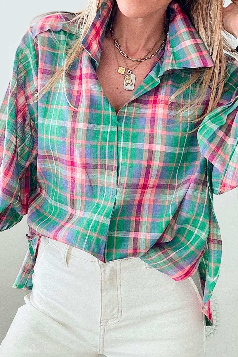 Plaid Collared Neck Three-Quarter Sleeve Shirt - Trendsi - Flyclothing LLC