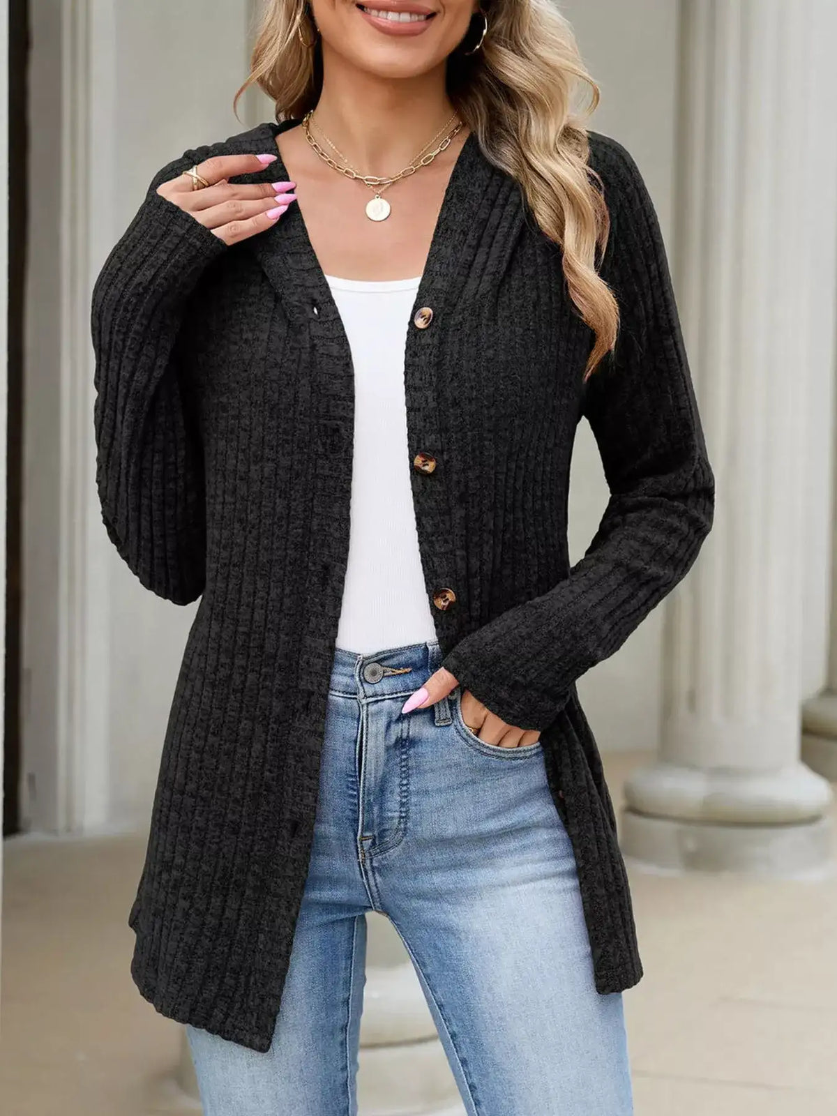 Ribbed Knit Hooded Button-Down Cardigan - Trendsi - Flyclothing LLC