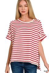 Zenana Stripe Jacquard Round-Meck Tee - Trendsi - Flyclothing LLC