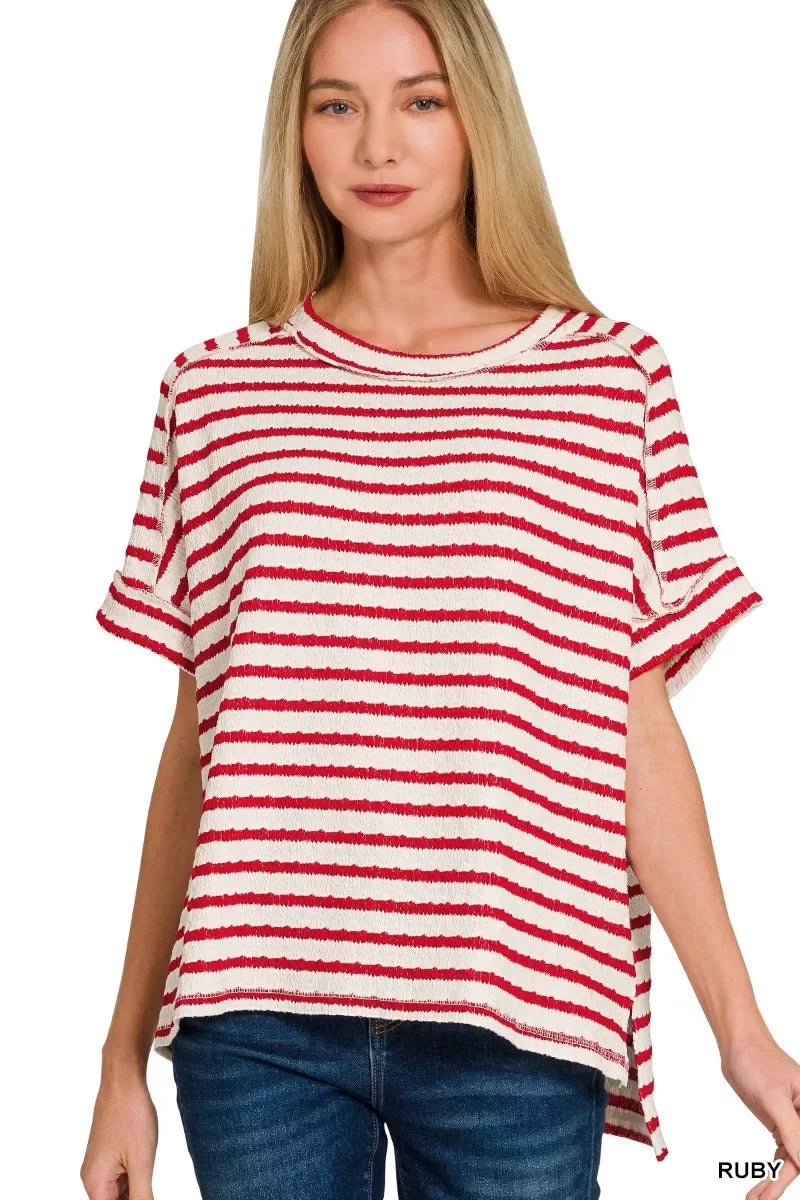 Zenana Stripe Jacquard Round-Meck Tee - Trendsi - Flyclothing LLC