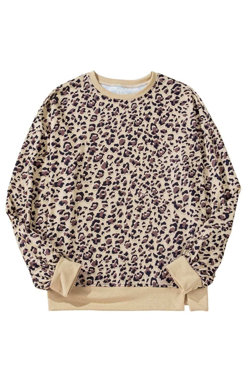 Slit Leopard Round Neck Long Sleeve Sweatshirt - Trendsi - Flyclothing LLC