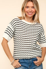 Haptics Openwork Striped Round Neck Half Sleeve Knit Top - Trendsi
