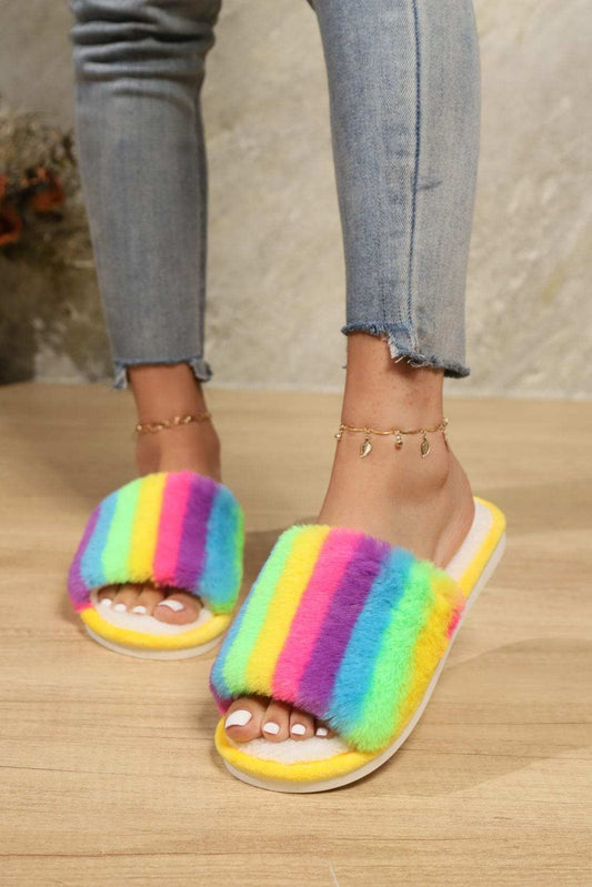 Color Block Open Toe Faux Fur PVC Slippers - Trendsi - Flyclothing LLC