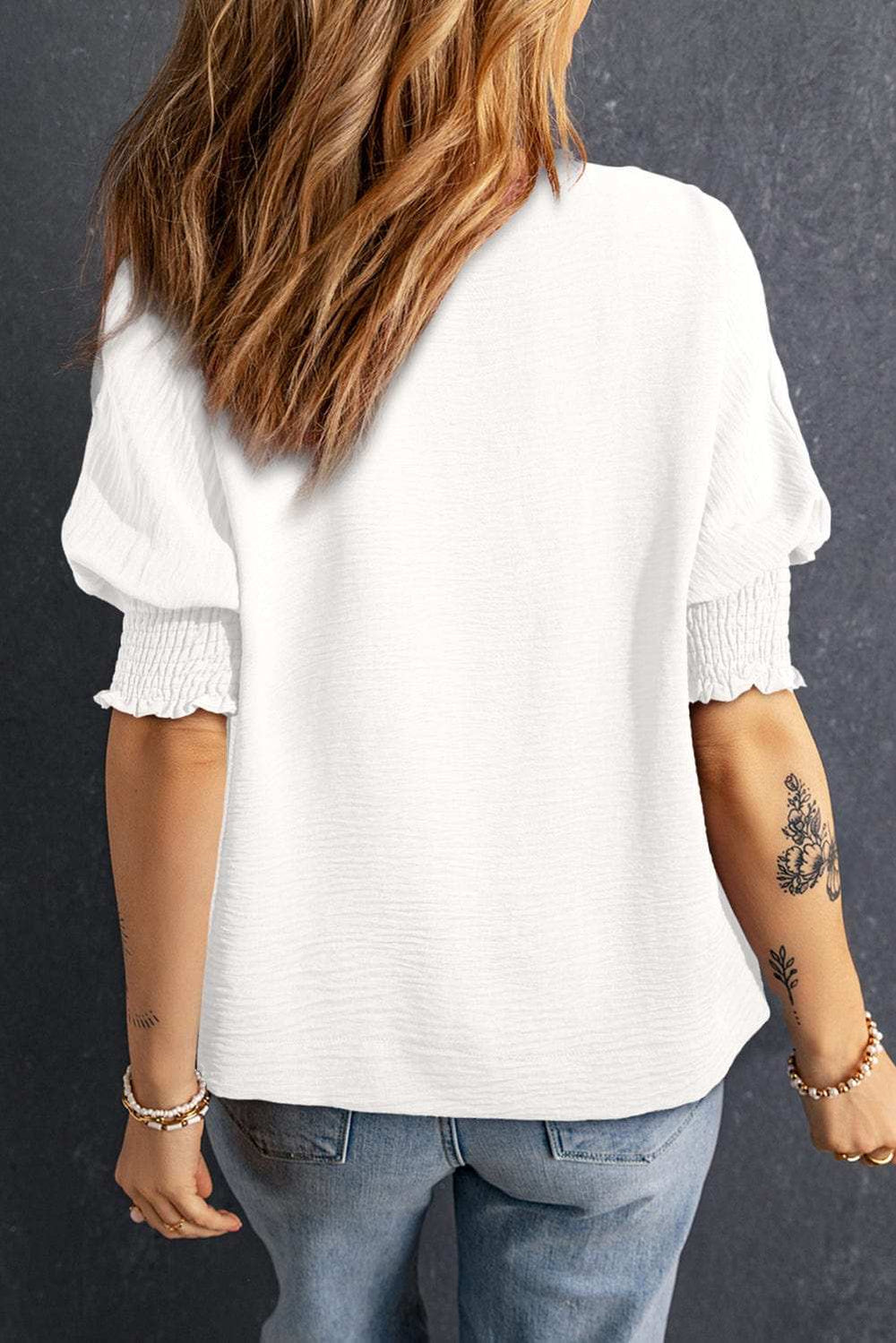 Smocked Johnny Collar Half Sleeve Blouse - Trendsi - Flyclothing LLC