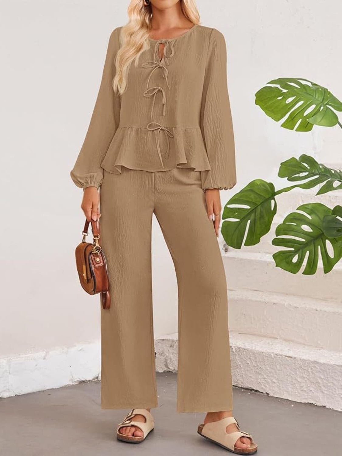 Tie Neck Balloon Sleeve Top and Pants Set - Trendsi