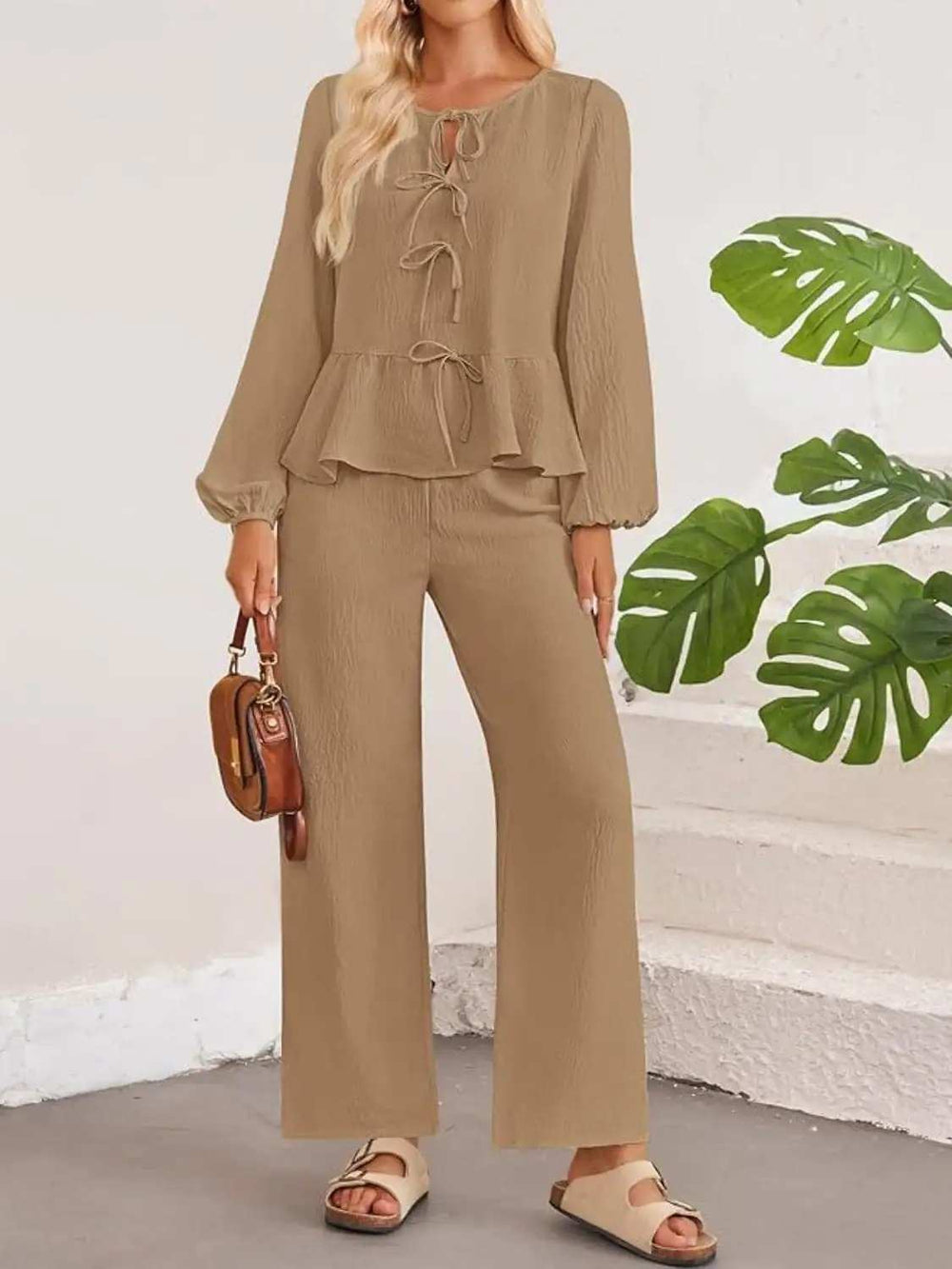 Tie Neck Balloon Sleeve Top and Pants Set - Trendsi - Flyclothing LLC