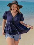 Plus Size Peplum V-Neck Short Sleeve Blouse - Trendsi - Flyclothing LLC