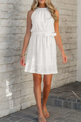 Lace Sleeveless Tied Waist Mini Dress - Trendsi - Flyclothing LLC