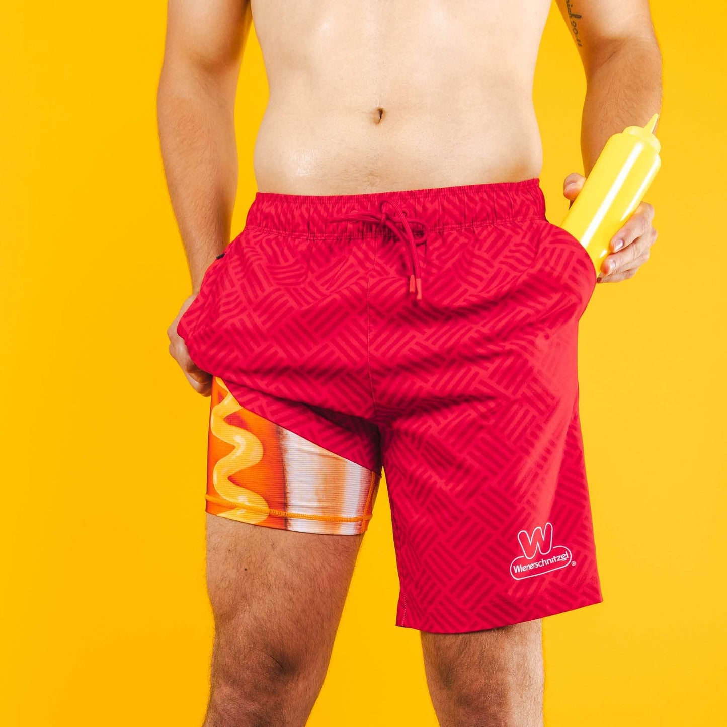 The Hot Dogs Or Legs | Wienerschnitzel x Shinesty Ball Hammock® Pouch 8" Swim Trunks - Shinesty - Flyclothing LLC