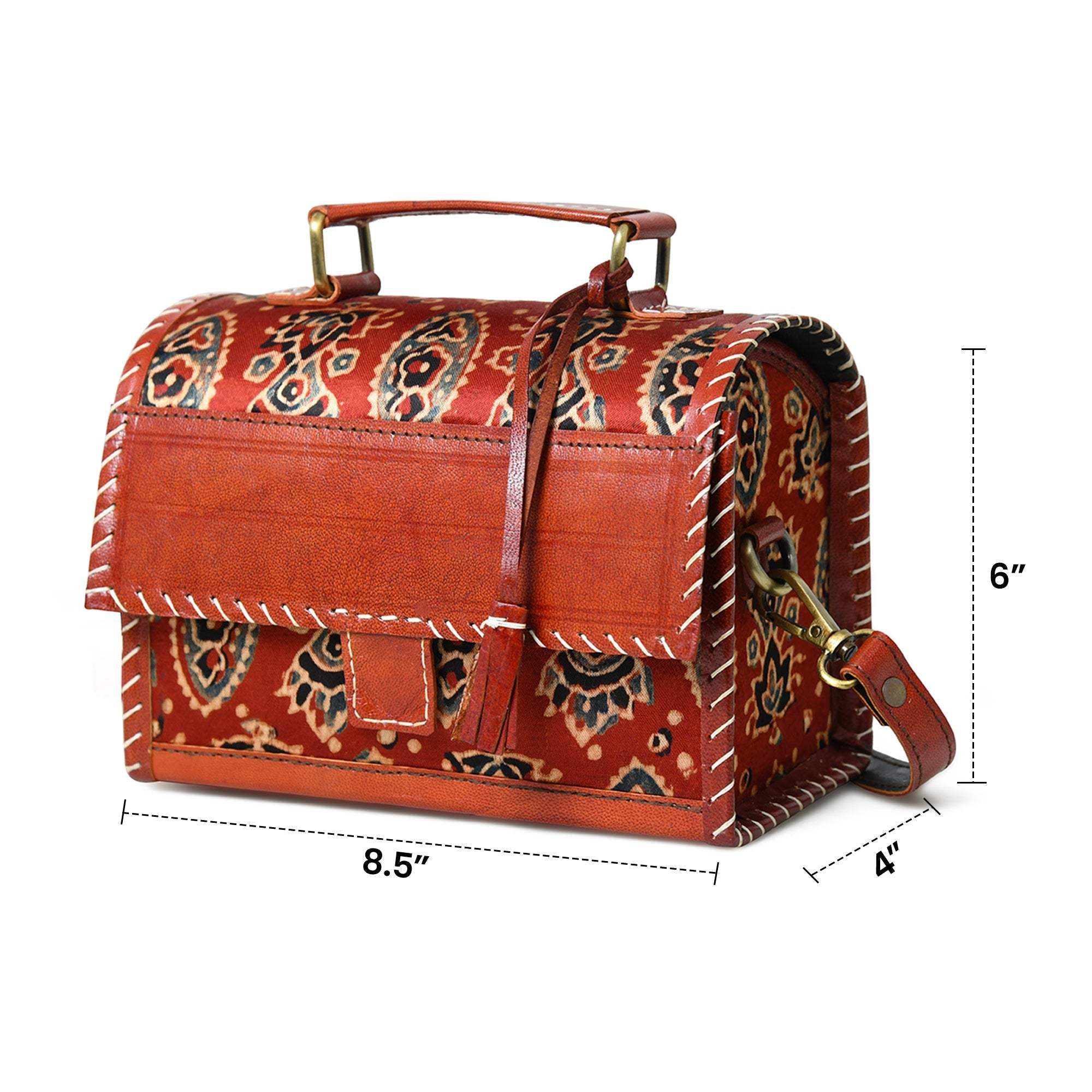 Maroon Mystique Ajrakh Satchel Purse - Classy Leather Bags - Flyclothing LLC
