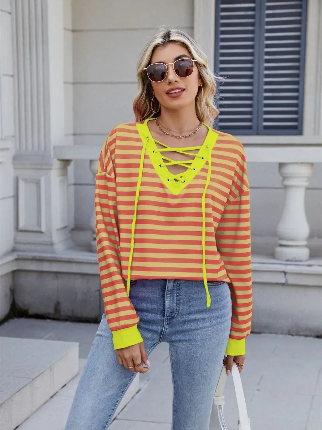Lace-Up Striped Long Sleeve T-Shirt - Trendsi - Flyclothing LLC