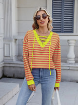 Lace-Up Striped Long Sleeve T-Shirt - Trendsi - Flyclothing LLC