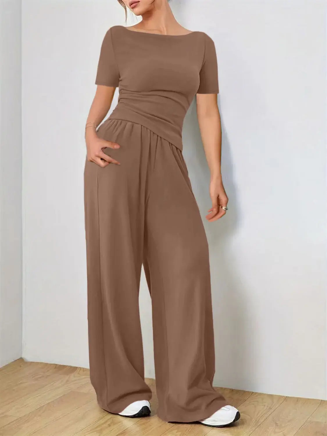 Round Neck Short Sleeve T-Shirt and Pants Set - Trendsi - Flyclothing LLC