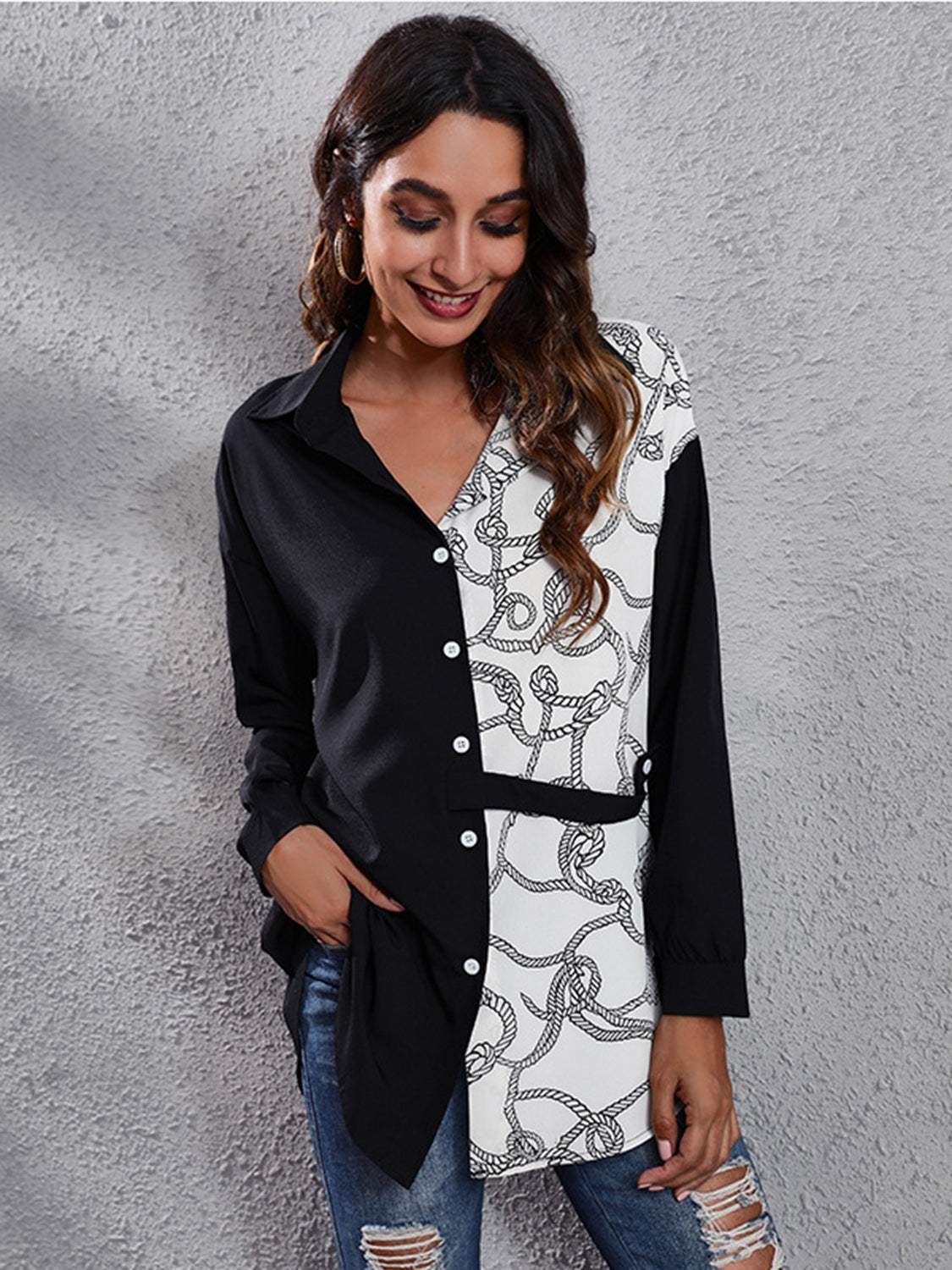 Printed Collared Neck Long Sleeve Shirt - Trendsi - Flyclothing LLC