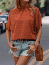 Swiss Dot Mock Neck Half Sleeve Blouse - Trendsi - Flyclothing LLC
