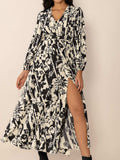 Tied Printed V-Neck Long Sleeve Midi Dress - Trendsi - Flyclothing LLC