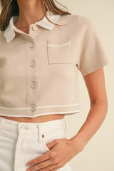 MABLE Button Down Contrast Collared Knit Cardigan - Trendsi - Flyclothing LLC