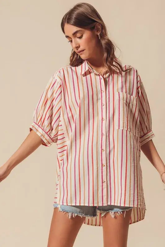 SO ME Multicolored Stripe Button Down Shirt - Trendsi - Flyclothing LLC