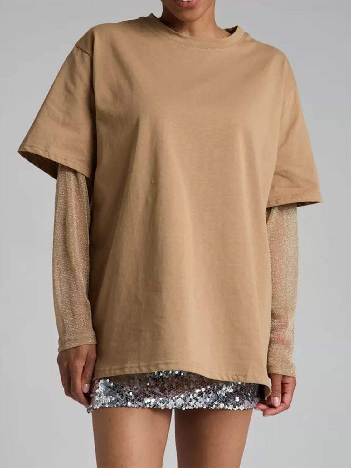 Faux Layered Round Neck Mesh Sleeve Top - Trendsi - Flyclothing LLC