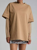 Faux Layered Round Neck Mesh Sleeve Top - Trendsi - Flyclothing LLC