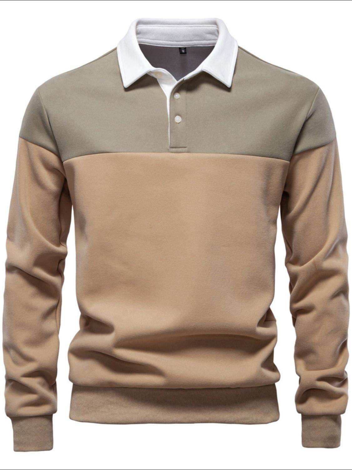Men's Collared Neck Contrast Long Sleeve Polo - Trendsi - Flyclothing LLC