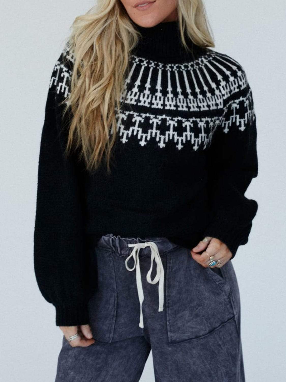 Contrast Turtleneck Long Sleeve Sweater - Trendsi - Flyclothing LLC