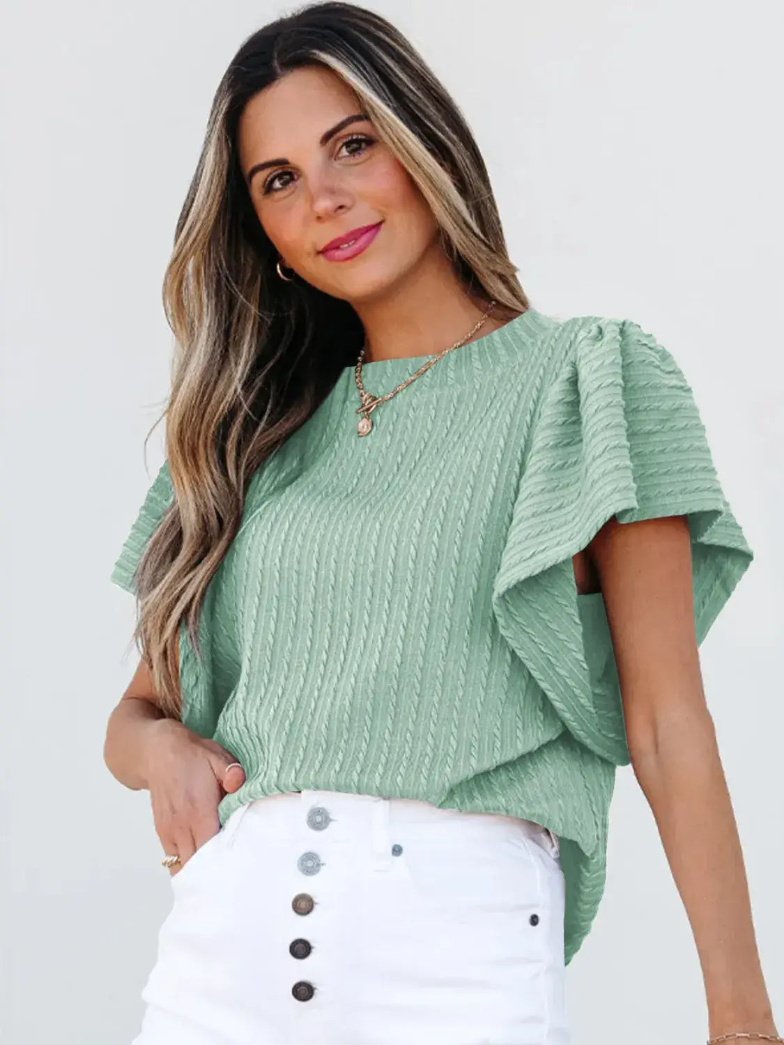 Round Neck Ruffle Sleeve Top - Trendsi - Flyclothing LLC