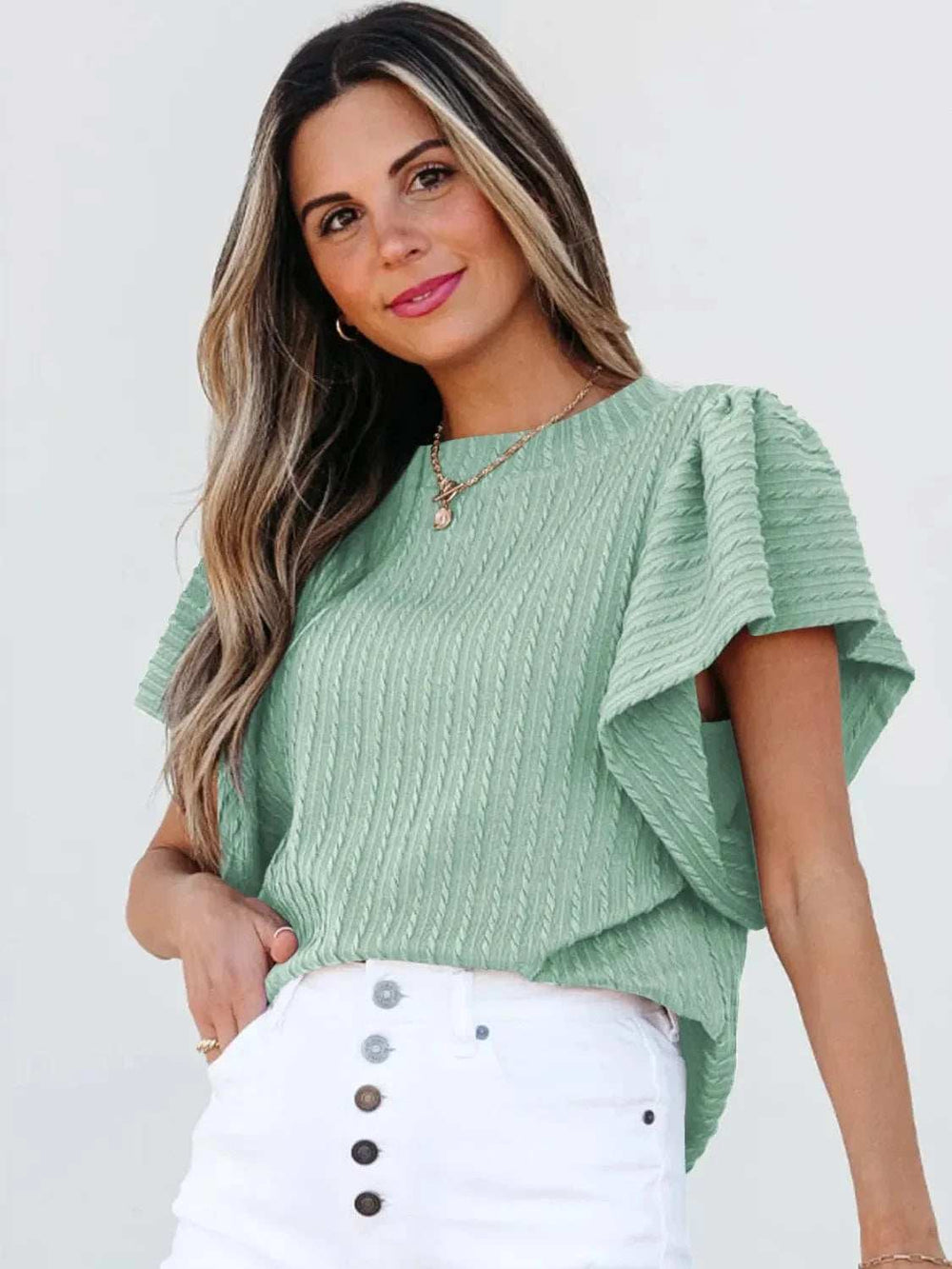 Round Neck Ruffle Sleeve Top - Trendsi - Flyclothing LLC