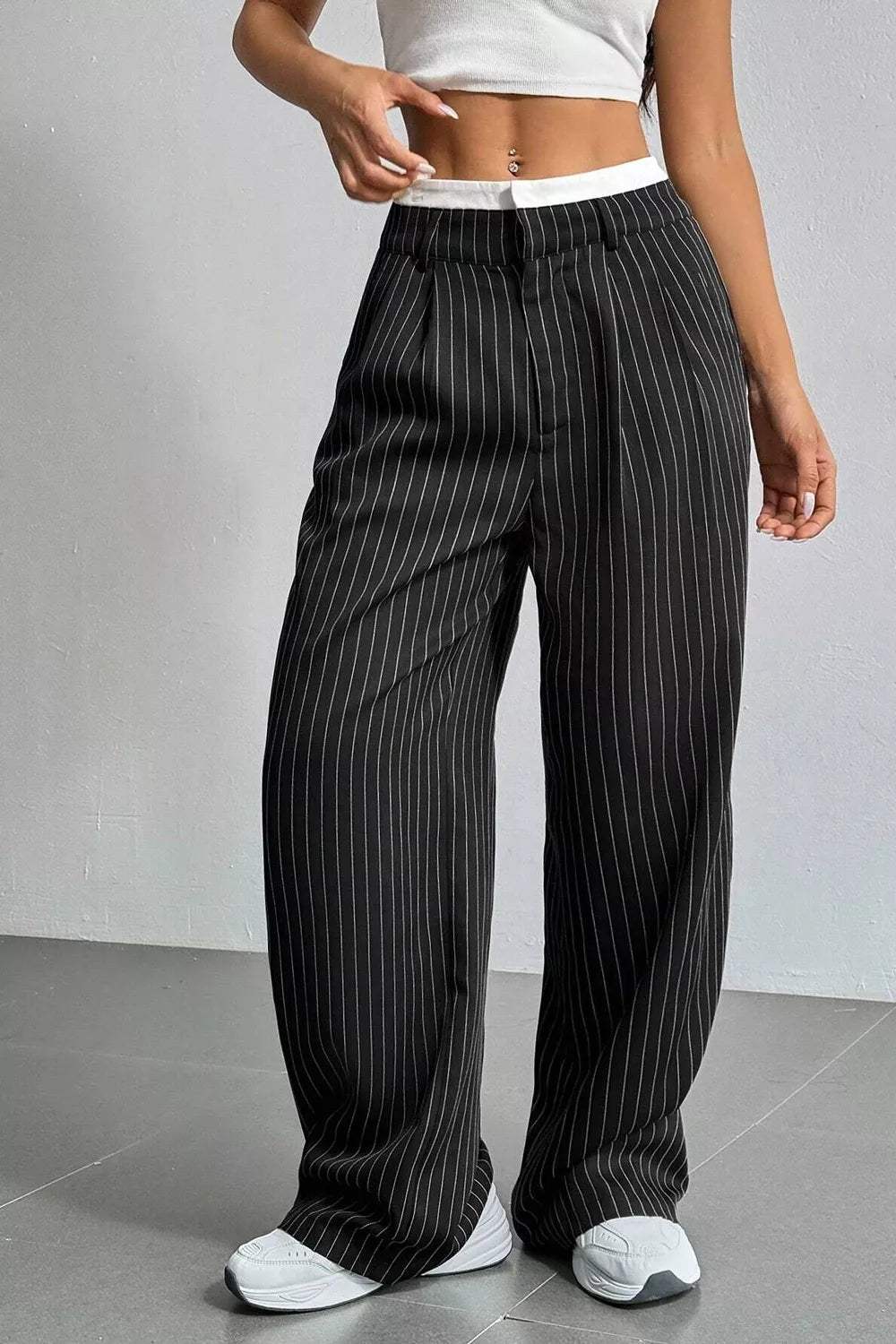 High-Waisted Pinstripe Wide-Leg Pants - Trendsi - Flyclothing LLC