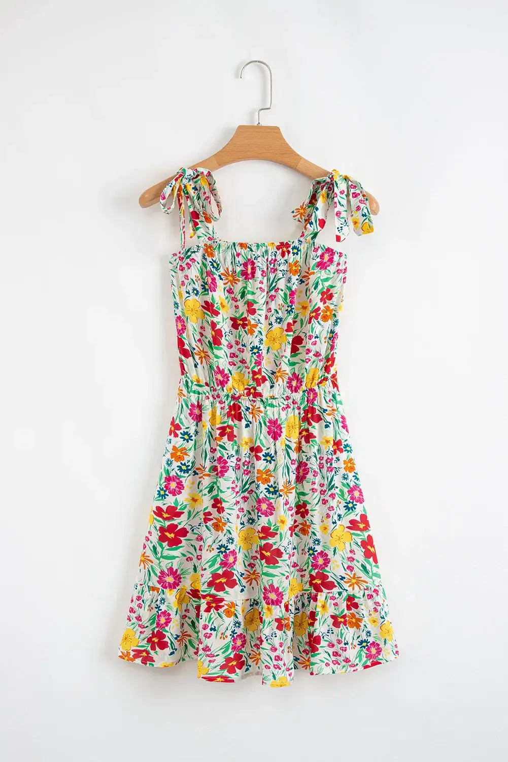Floral Knotted Straps Cinched Waist Ruffle Hem Mini Dress - Trendsi - Flyclothing LLC