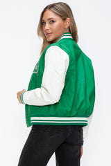 Love Me Now PU Leather Contrast Snap Down Bomber Jacket - Trendsi