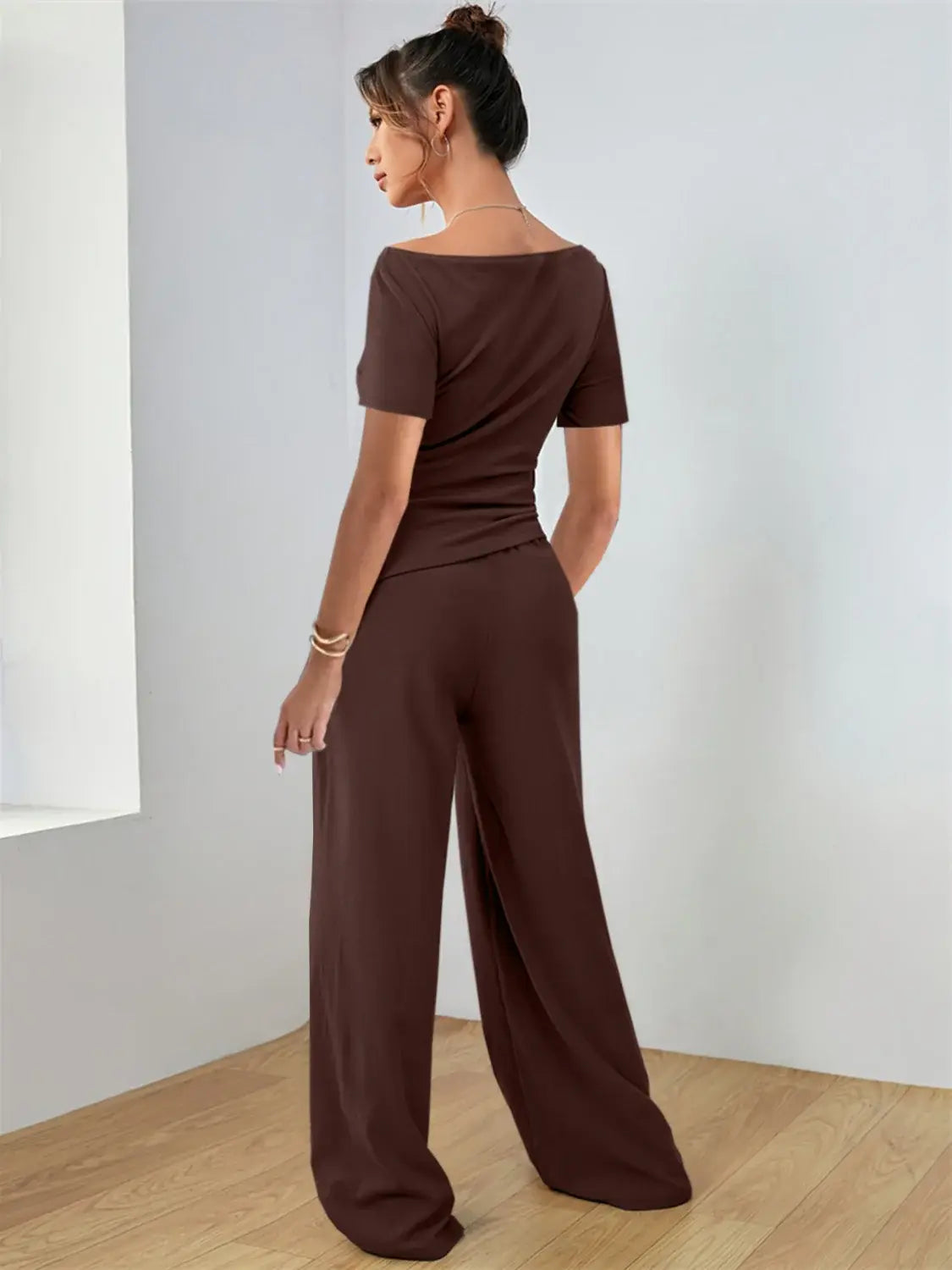 Round Neck Short Sleeve T-Shirt and Pants Set - Trendsi - Flyclothing LLC