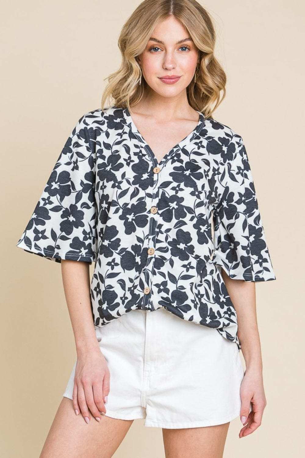 BOMBOM Floral Decorative Button V-Neck Top - Trendsi - Flyclothing LLC