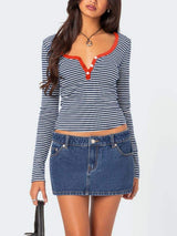 Buttoned Striped Long Sleeve T-Shirt - Trendsi - Flyclothing LLC